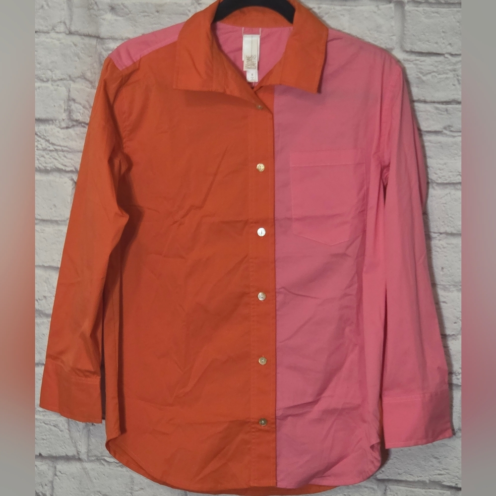 Marla Wynne WynneLayers Loose Fit Orange and Pink Button-Up Shirt Blouse